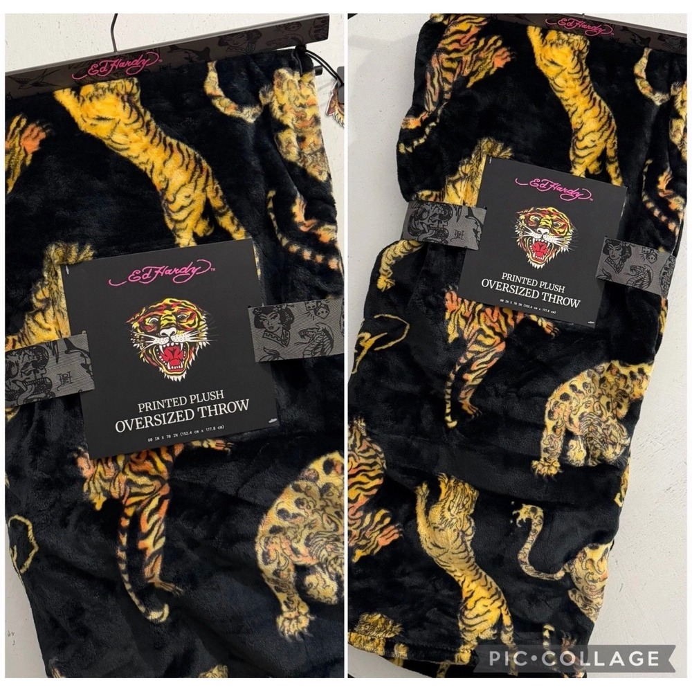 Ed Hardy Tiger Plush Throw Blanket 60x70 Oversized Black NWT Tattoo Art Y2K Home